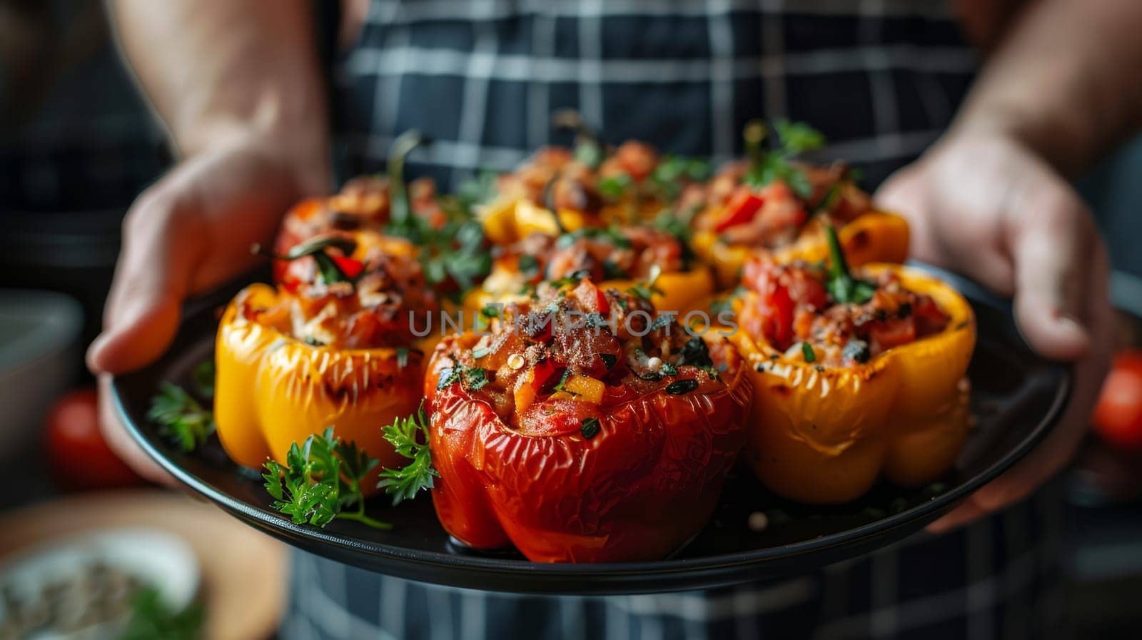 Close-up of hands serving plate with stuffed peppers