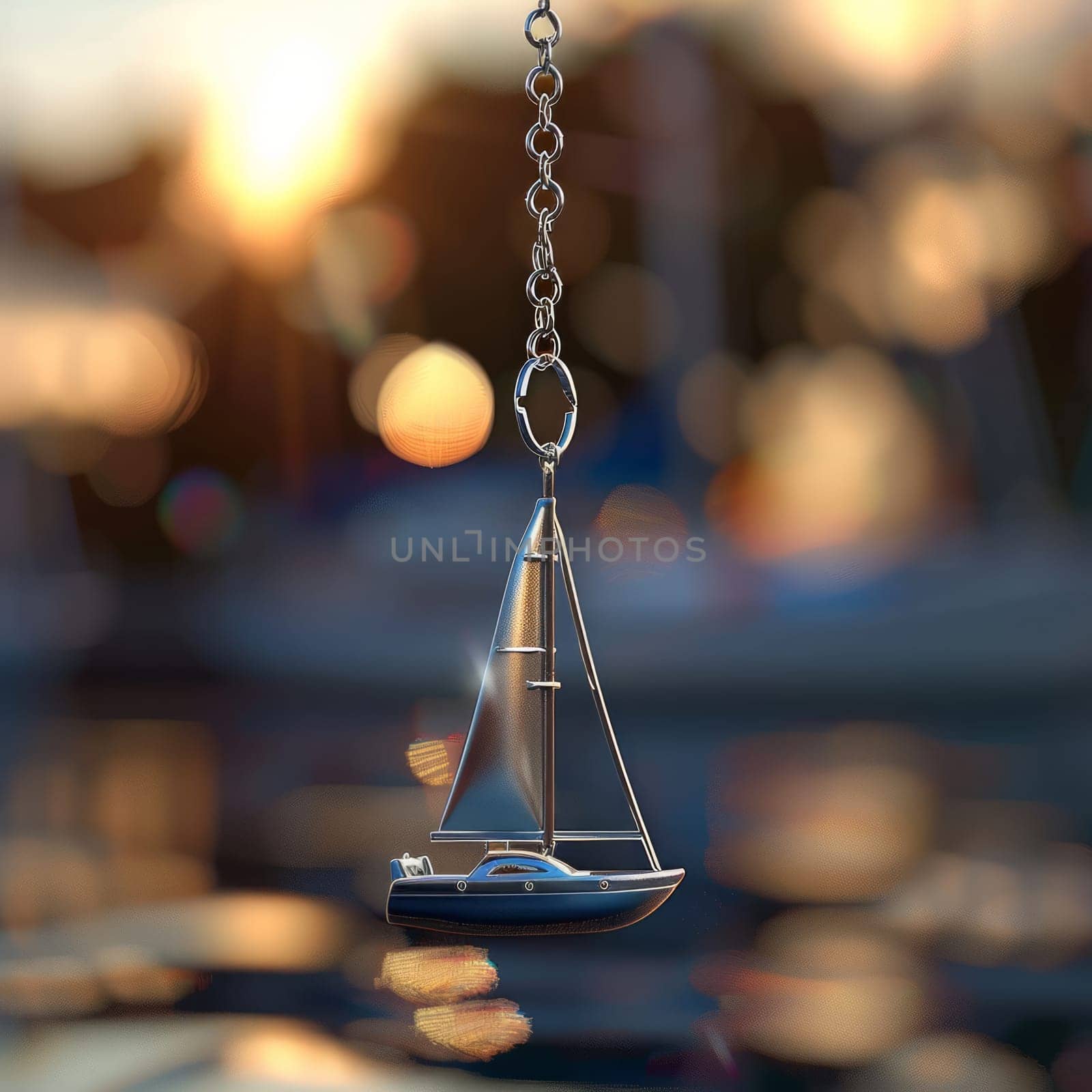 In the foreground hangs an elegant keychain in the form of a sailboat, and behind it on the water you can see a yacht, the concept of travel and sea adventures. Copy space