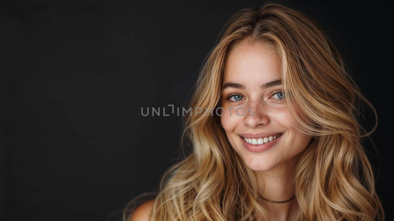 Happy pretty young woman with long blonde hair on a black background has a smiling face.copy space
