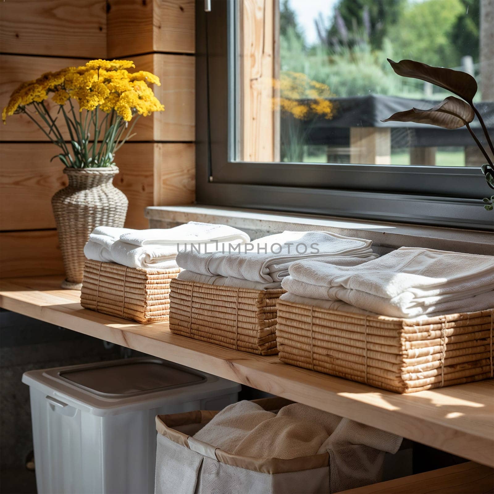 A cozy laundry room featuring wicker baskets filled with neatly folded towels and a vase of yellow flowers by the window