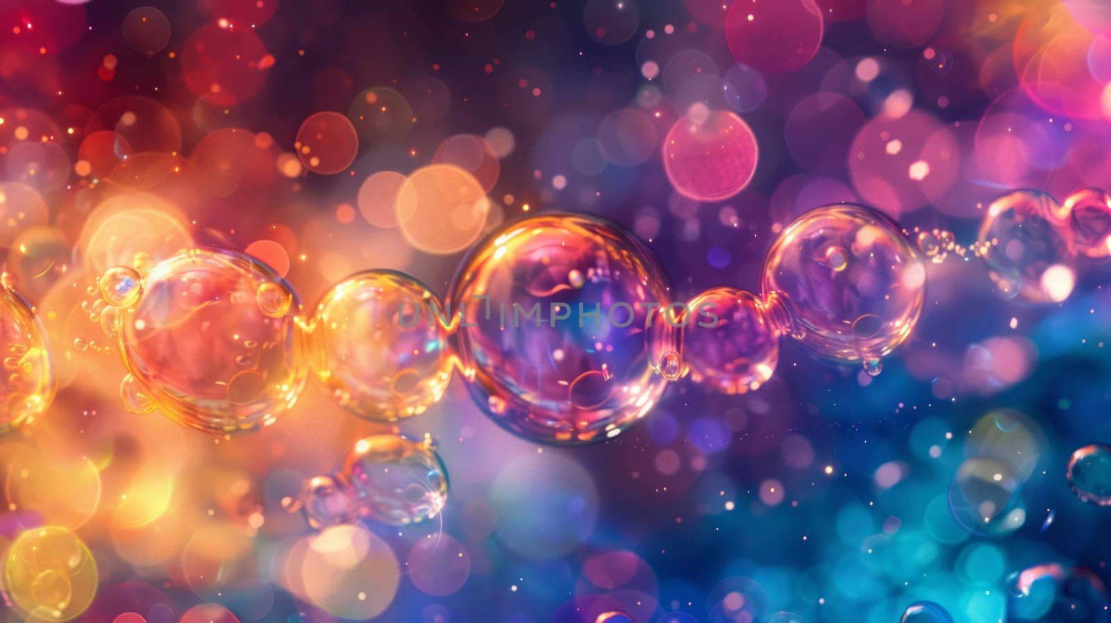 Close-up of multi-colored bubbles floating on an abstract space background, bright shades and soft focus. Copy space