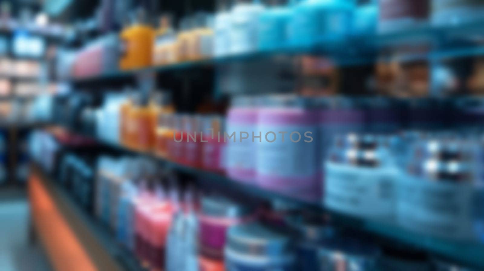 Abstract blurred background of a beauty store with a bunch of cosmetics.Copy space