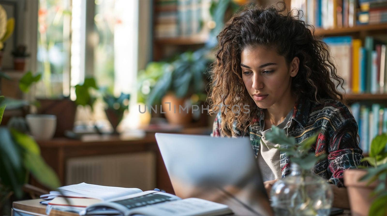 A woman focused on her laptop in a home office setting, surrounded by books and plants, reflecting a productive and serene work environment.