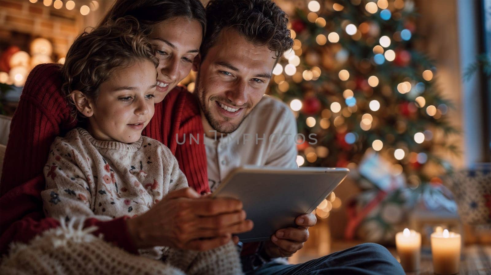 A joyful family, including parents and a child, gathered around a tablet at Christmas, with a beautifully decorated Christmas tree and holiday lights in the background.