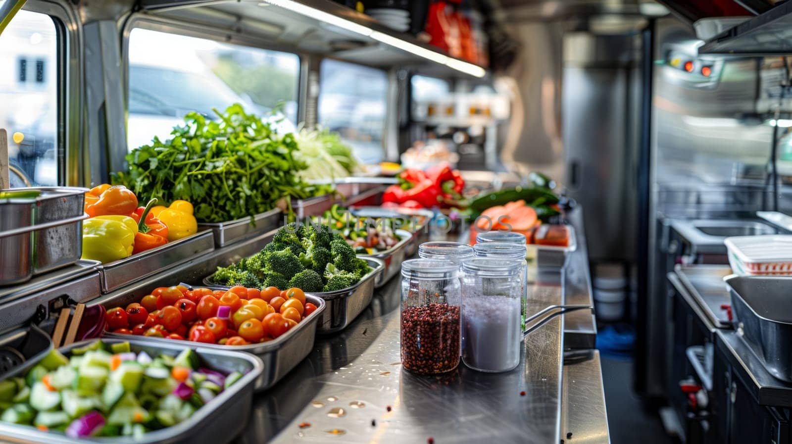 Inside the food truck kitchen, a food preparation station, utensils and fresh ingredients are shown, ready to be prepared.