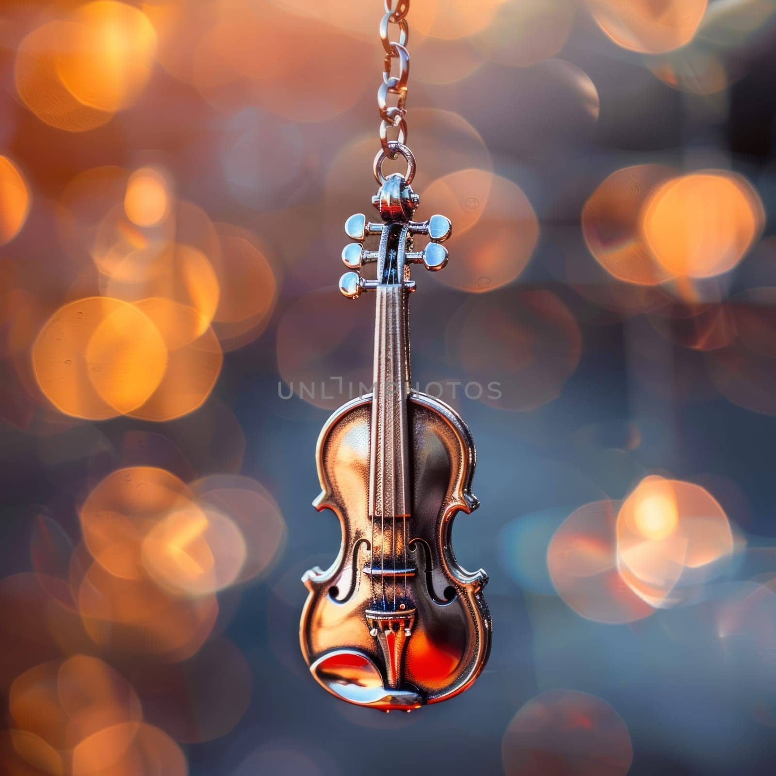 The detailed violin decoration delicately hangs on the Christmas tree surrounded by warm lights and softly focused holiday decorations, the concept of the holiday. Copy space