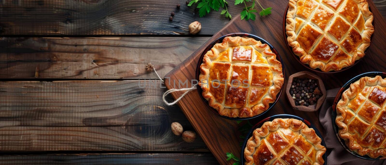 Overhead view of freshly baked golden pies with classic lattice crusts, arrayed on a rustic wooden surface, showcasing an inviting culinary scene