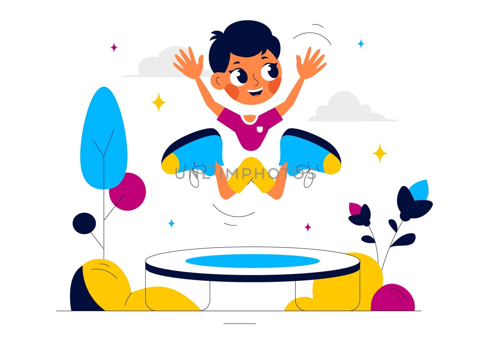 Vector Illustration of a Little Boy or Girl Jumping on a Trampoline, Enjoying Summer Outdoor Activities with a Flat Style Cartoon Background