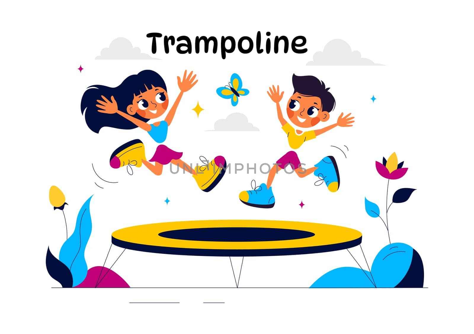 Vector Illustration of a Little Boy or Girl Jumping on a Trampoline, Enjoying Summer Outdoor Activities with a Flat Style Cartoon Background