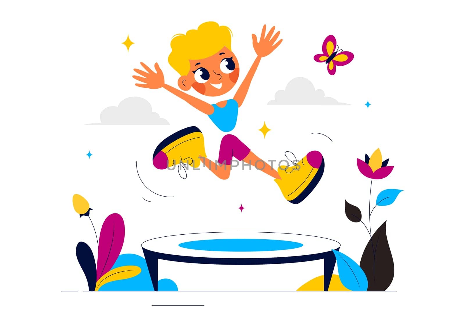 Vector Illustration of a Little Boy or Girl Jumping on a Trampoline, Enjoying Summer Outdoor Activities with a Flat Style Cartoon Background