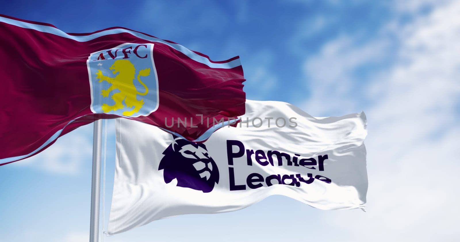 Birmingham, UK, Aug. 21 2024: Aston Villa and Premier League flags waving on a clear day. Fluttering fabric. Illustrative editorial 3d illustration render. Waving flag