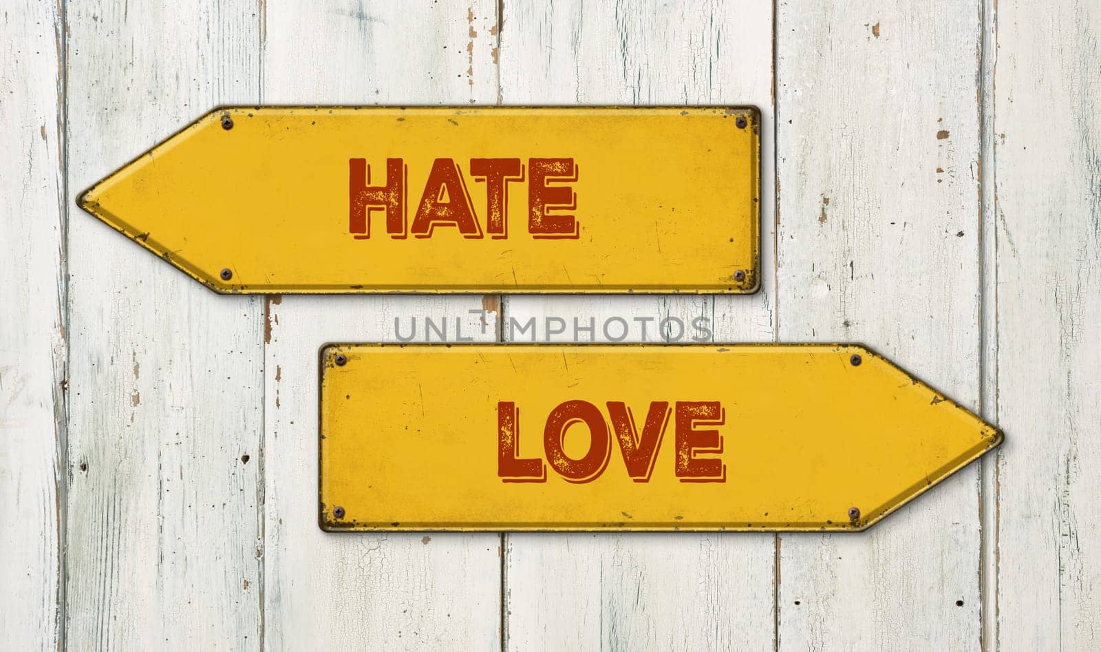 Direction signs on a wooden wall - Hate or Love