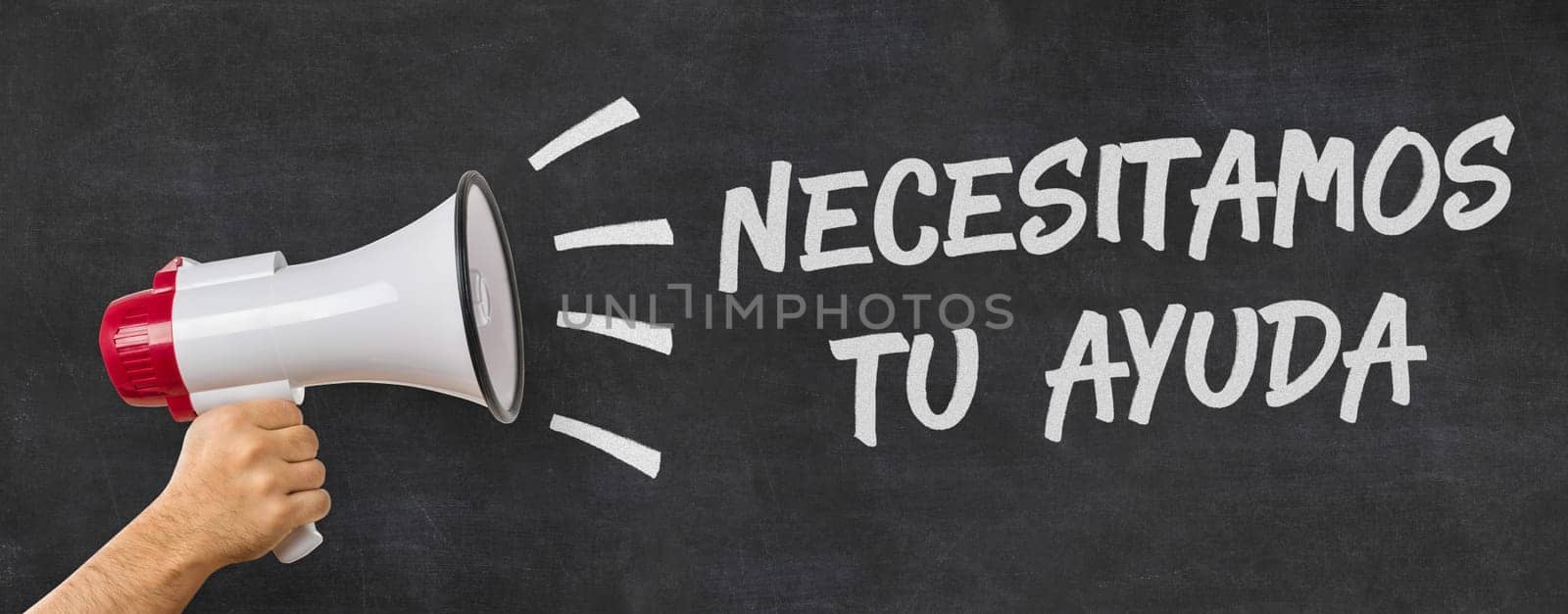 A man holding a megaphone - We need your help in spanish
