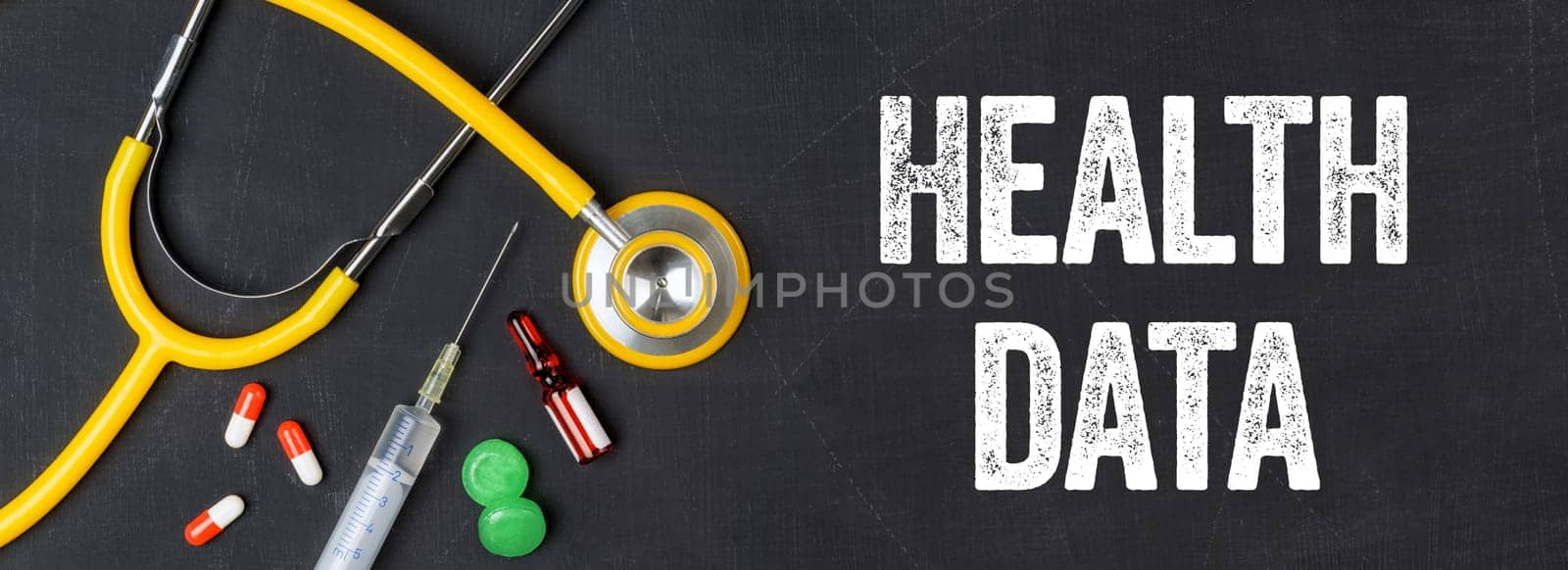 Stethoscope and pharmaceuticals on a blackboard - Health Data