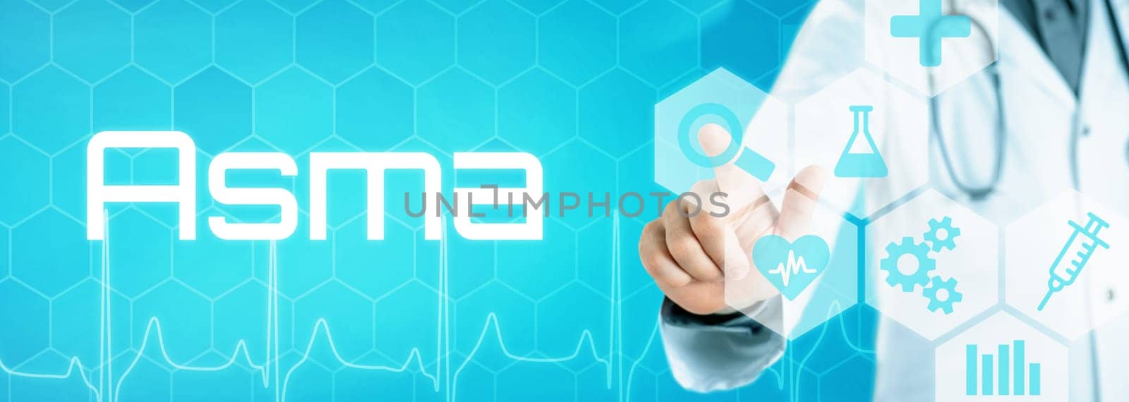 Doctor touching an icon on a futuristic interface - Asthma in spanish