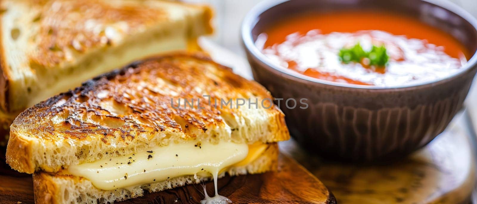 Close-up of grilled cheese sandwich with melting cheese, beside a bowl of tomato soup on a wooden board