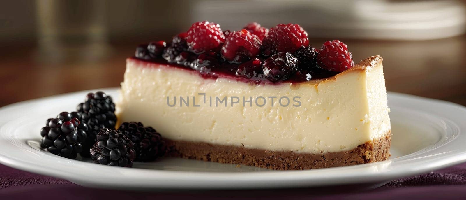 Elegant slice of cheesecake topped with mixed berries on a white plate, a delicious dessert