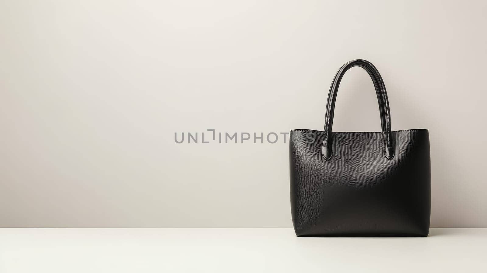Sleek black leather tote bag on a plain white background, showcasing minimalist design and ample copy space for text or design elements.