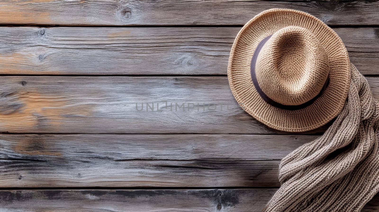 Beige straw hat with dark ribbon and knitted scarf on weathered wooden planks, evoking a relaxed summer or autumn mood with copy space.
