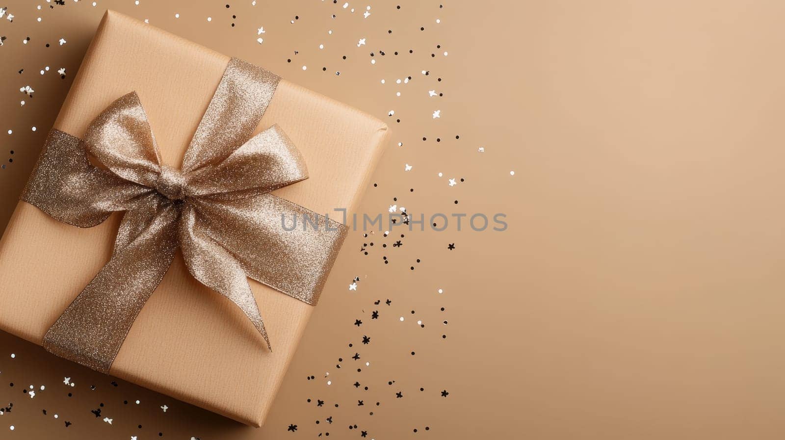 A luxurious gift box wrapped in gold paper with a glittery golden bow, surrounded by festive confetti on a warm beige background.