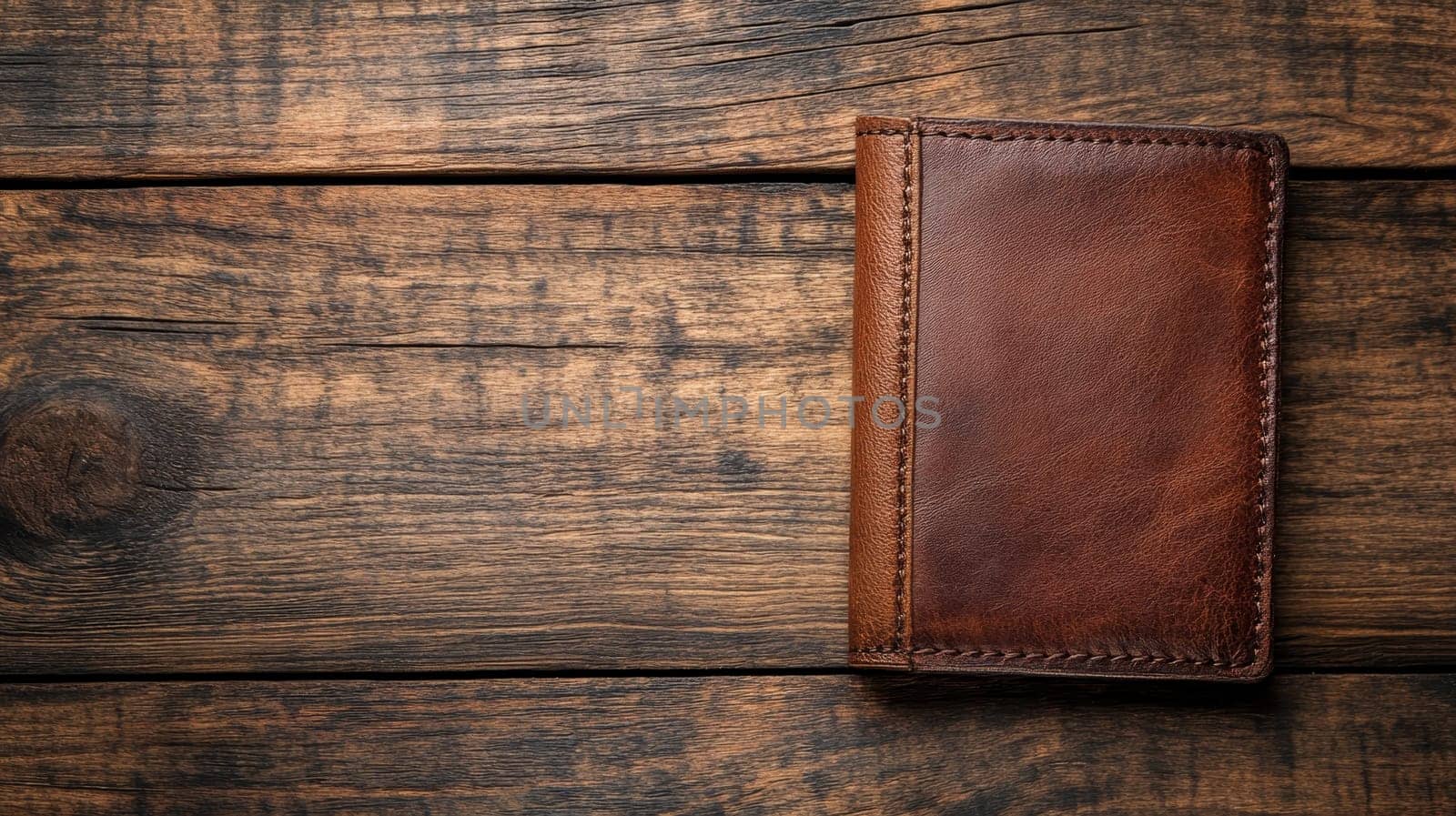 Close-up of a brown leather wallet with visible texture and stitching, placed on weathered wooden planks with ample copy space.