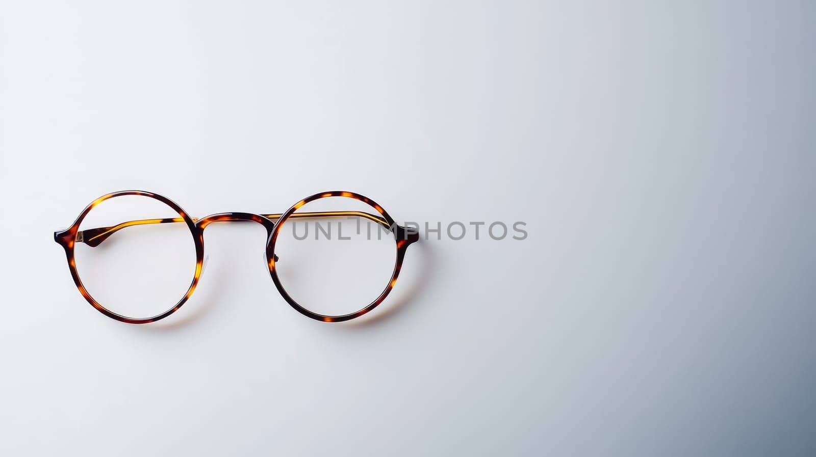 Stylish round tortoiseshell glasses frames on a clean white background with ample copy space, showcasing retro fashion eyewear.