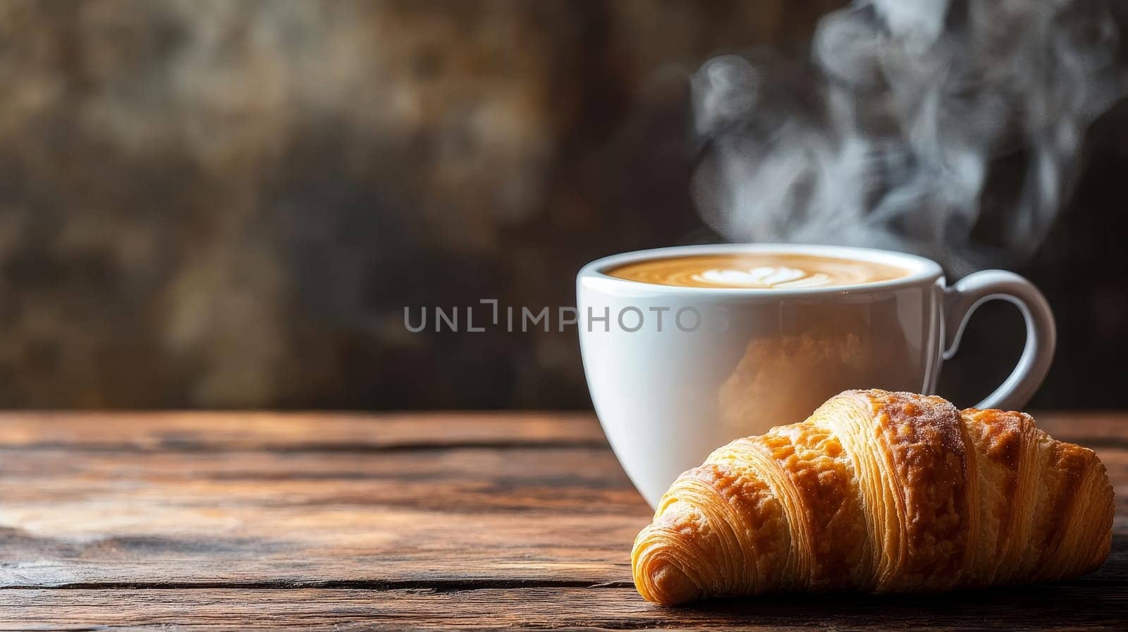 A steaming cup of coffee with latte art next to a golden croissant on a rustic wooden table, creating a cozy breakfast atmosphere with copy space.