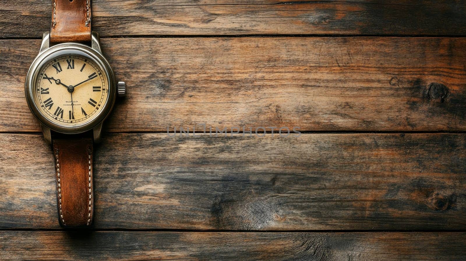 Antique wristwatch with leather strap and Roman numeral dial on aged wooden planks, symbolizing the passage of time.