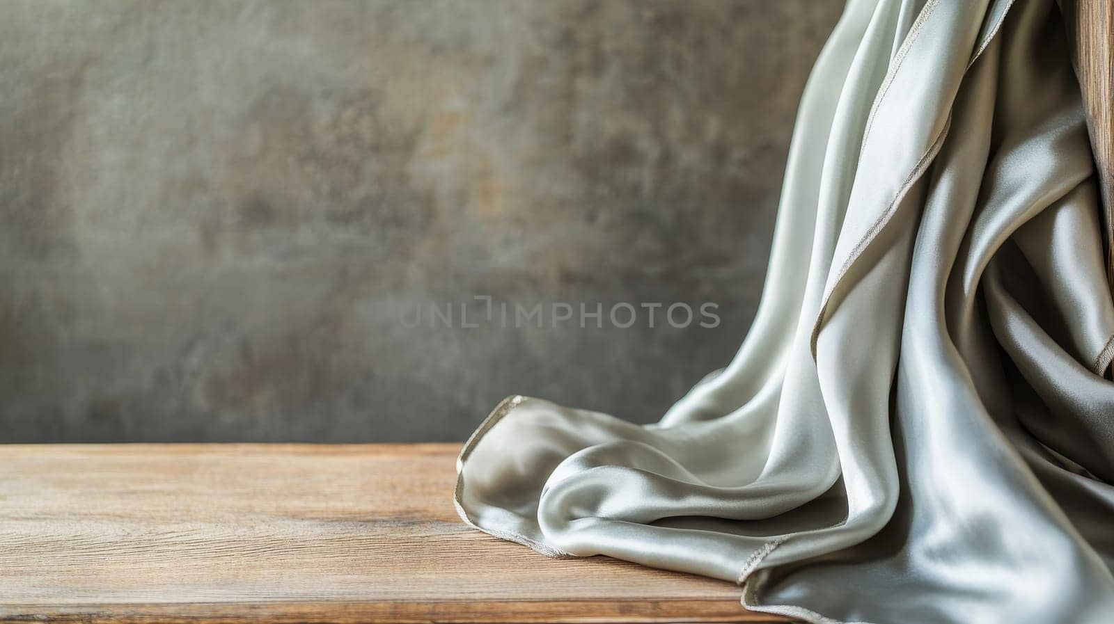Smooth, flowing silver silk fabric draped over a rustic wooden surface, with a textured background and copy space for text or design elements.