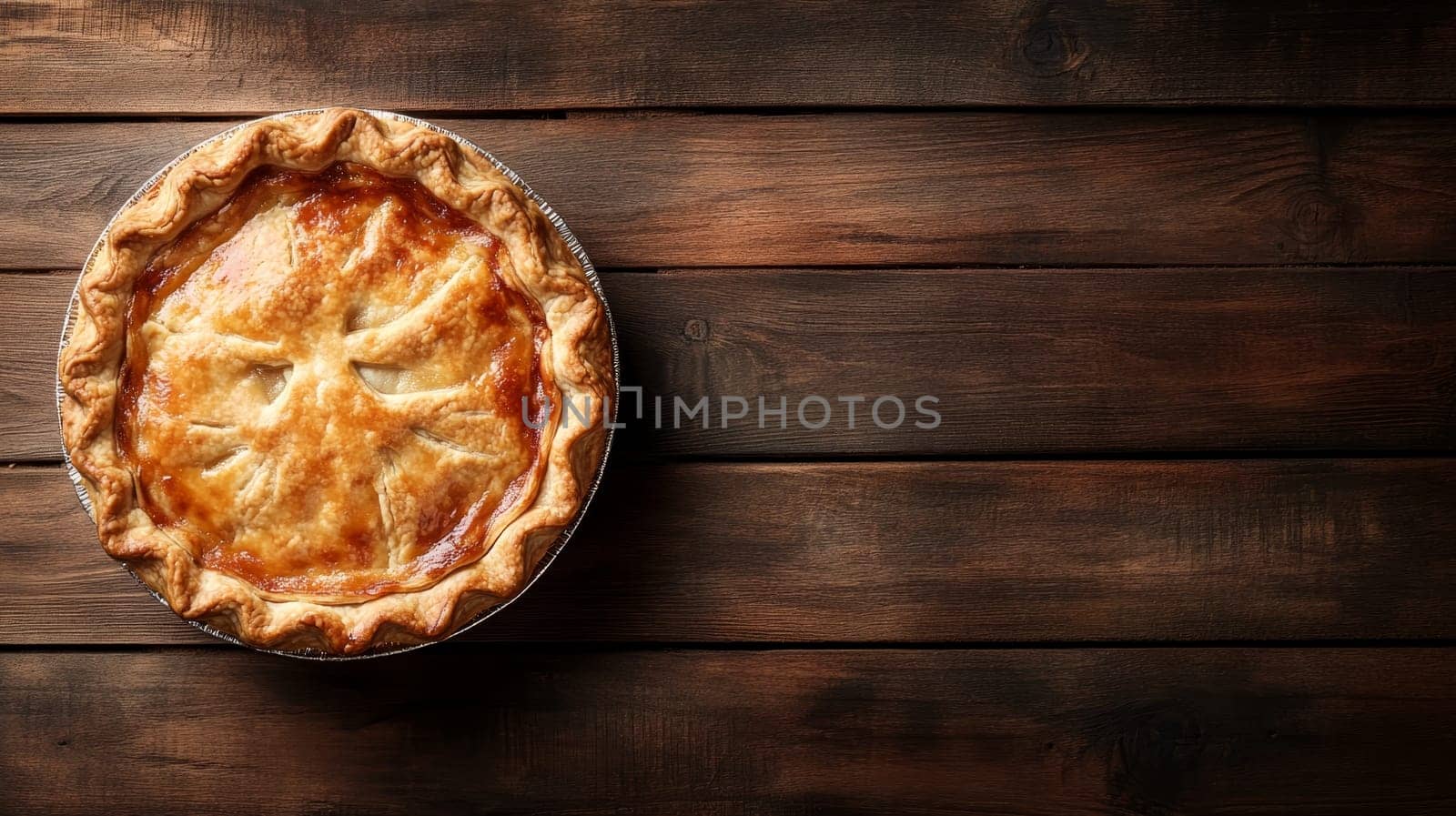 Golden-brown homemade apple pie in a tin pan on a rustic wooden table, with copy space for text or design elements.