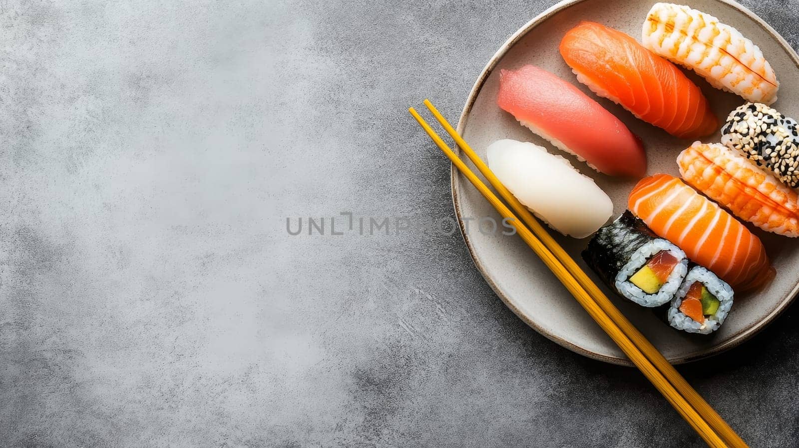 Assorted sushi and rolls on a ceramic plate with chopsticks, set against a grey background with copy space, showcasing Japanese cuisine.