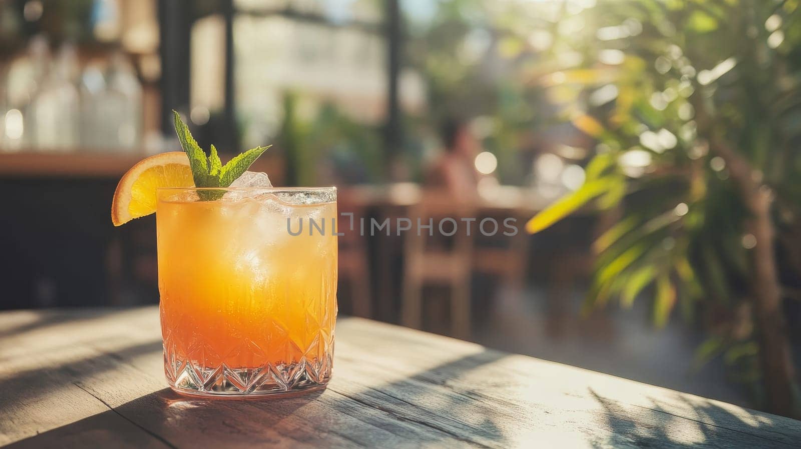 A vibrant orange cocktail with ice, mint, and citrus slice in a crystal glass, placed on a wooden table with sunlit background.