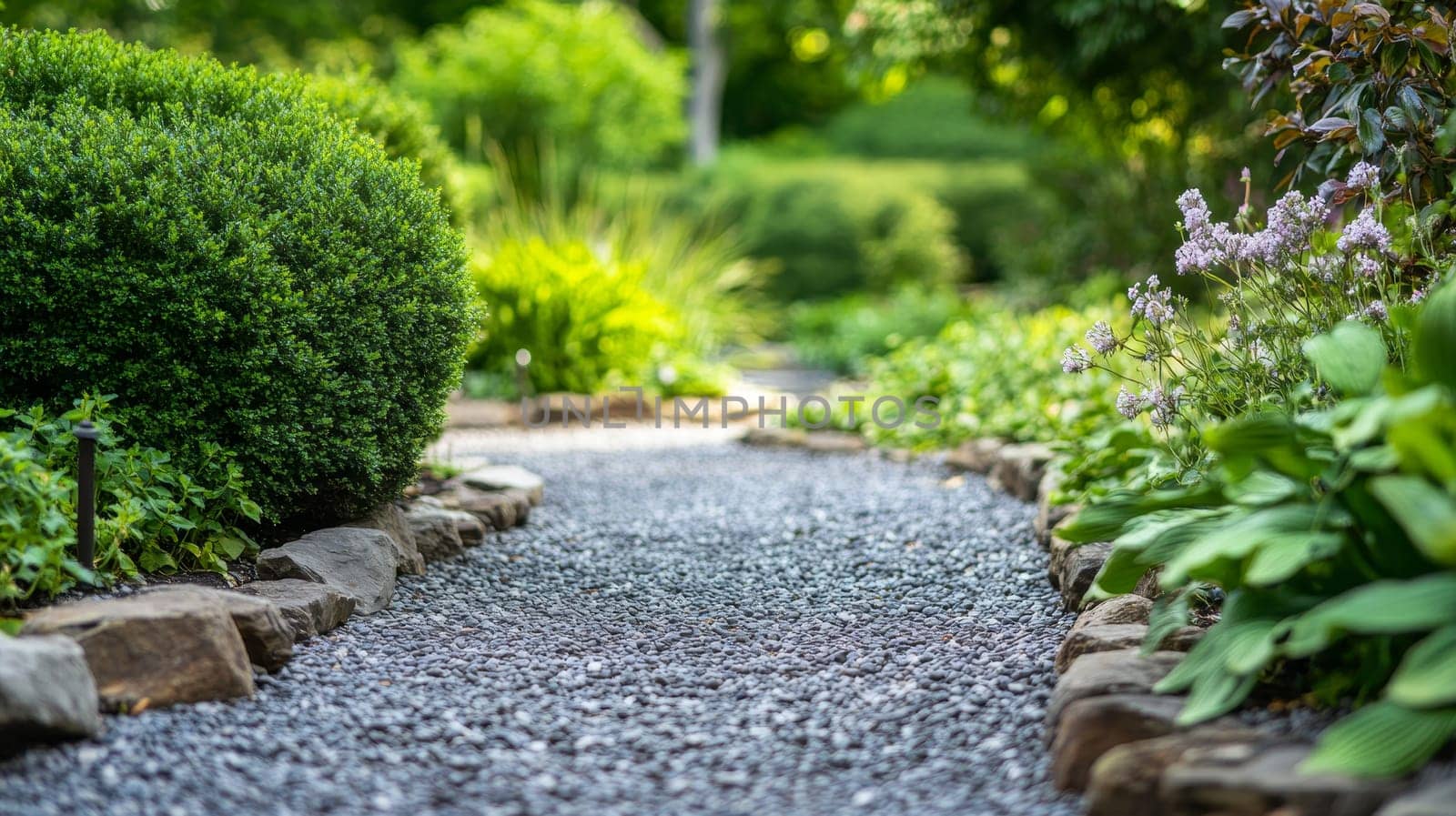 Beautifully landscaped garden path with gravel walkway, bordered by manicured shrubs, flowers, and lush green plants, creating a serene outdoor setting.