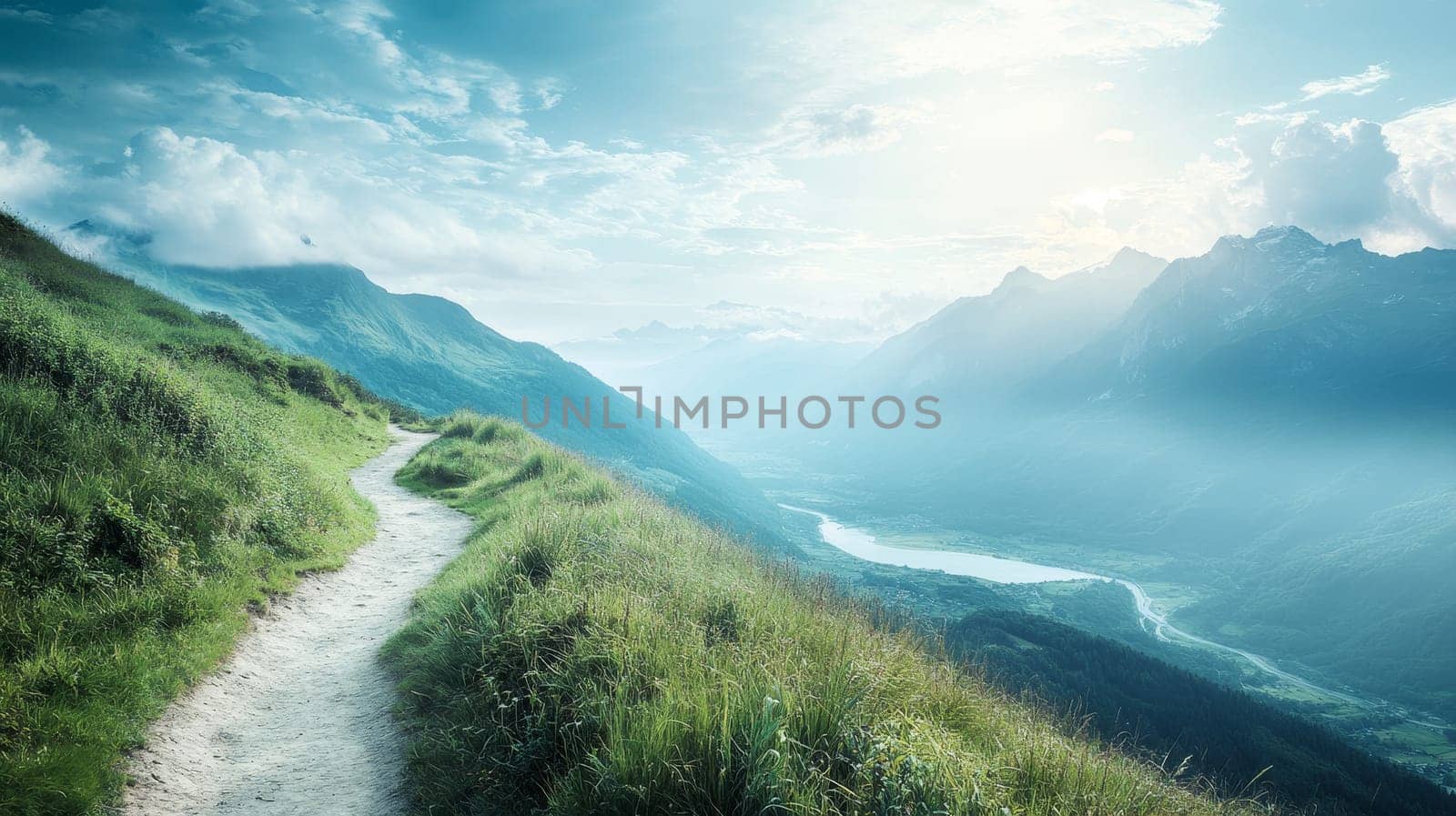 Winding hiking trail on a grassy hillside overlooking a misty mountain valley with distant peaks and a river, under a dramatic cloudy sky.