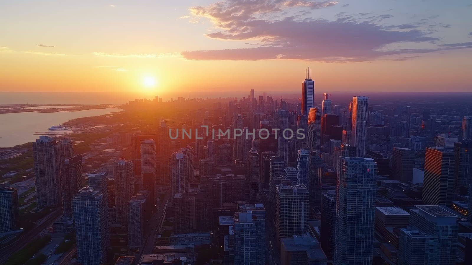 Breathtaking aerial view of a modern city skyline during golden hour, with skyscrapers silhouetted against a vibrant sunset sky.