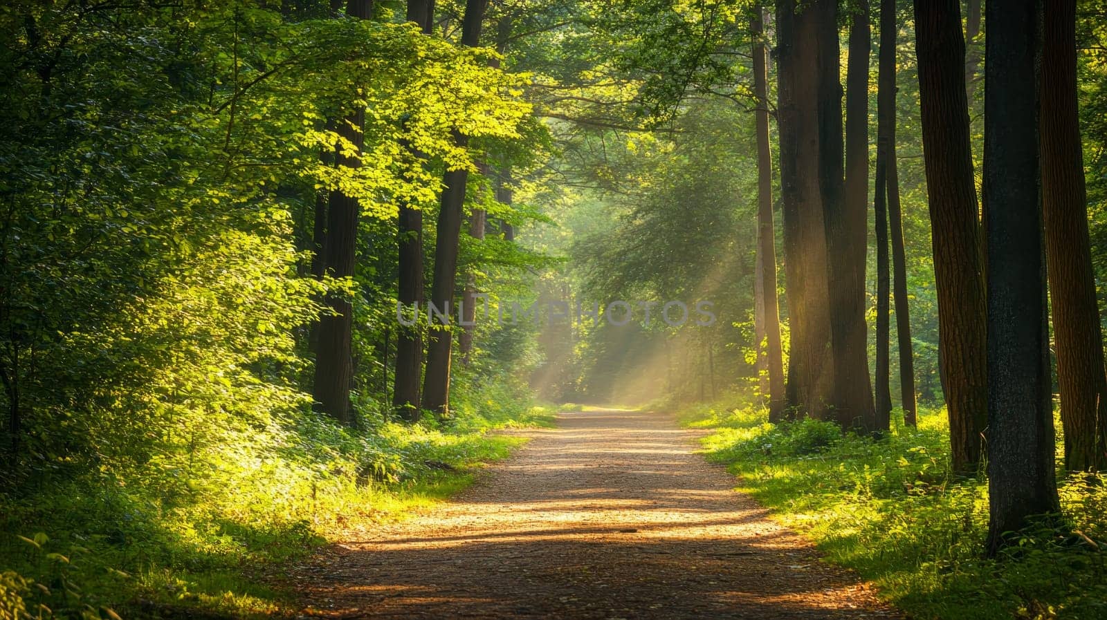Beautiful forest path illuminated by golden sunlight streaming through trees, creating a magical atmosphere with misty rays and lush greenery.