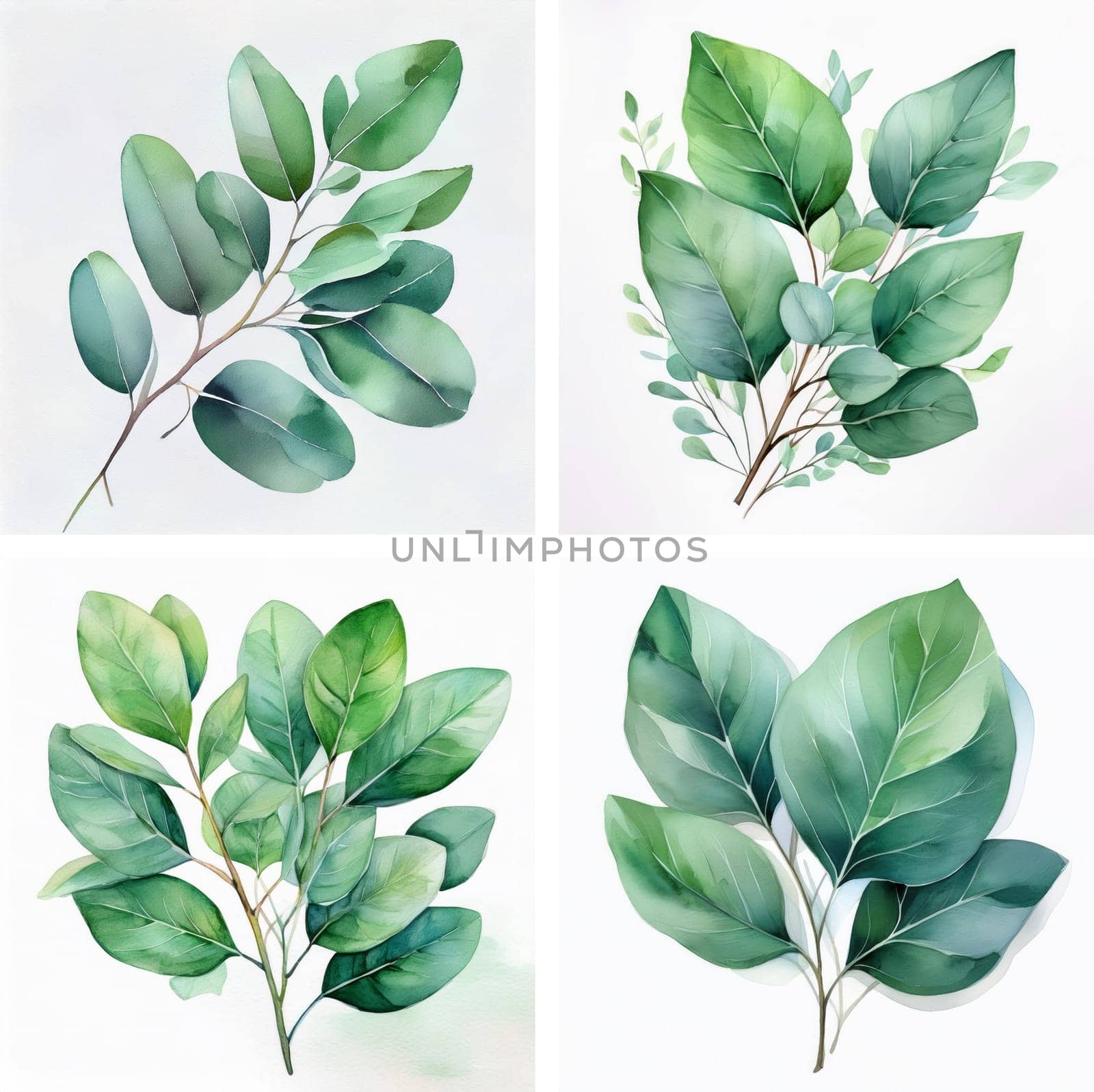 Generative watercolor illustration of eucalyptus on white background