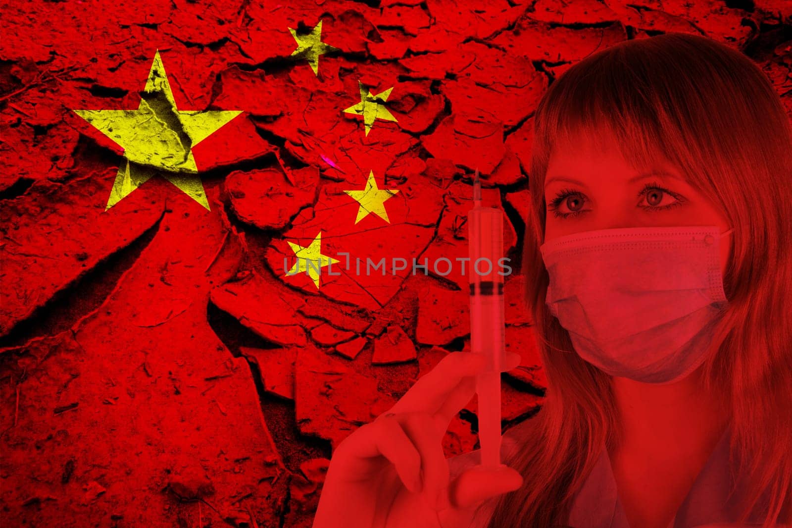 Female doctor with medical mask on China flag background. Concept of corona virus.