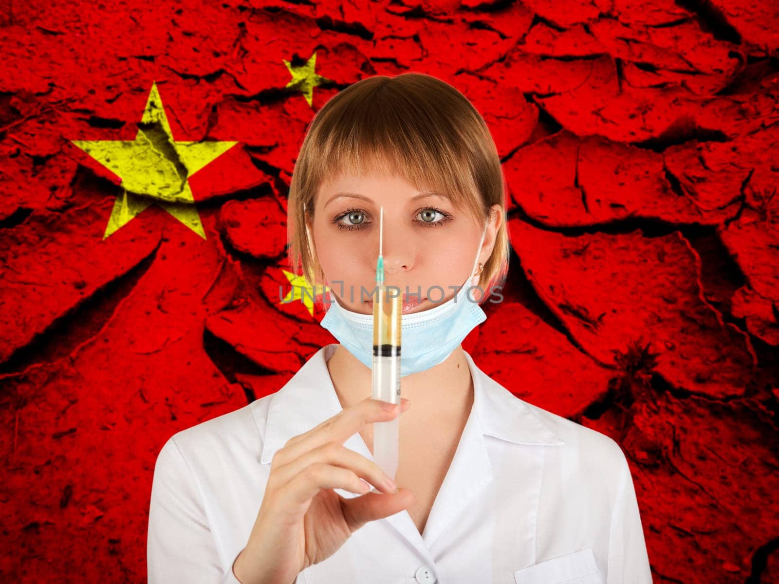 Female doctor with medical mask on China flag background. Concept of corona virus.