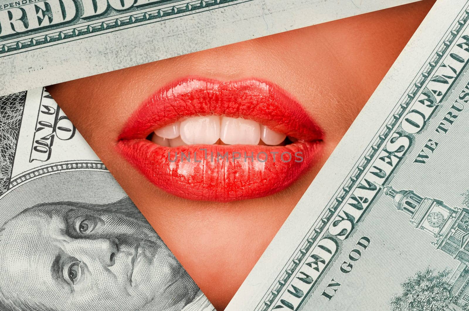 Beautiful female lips closeup behind doolars background