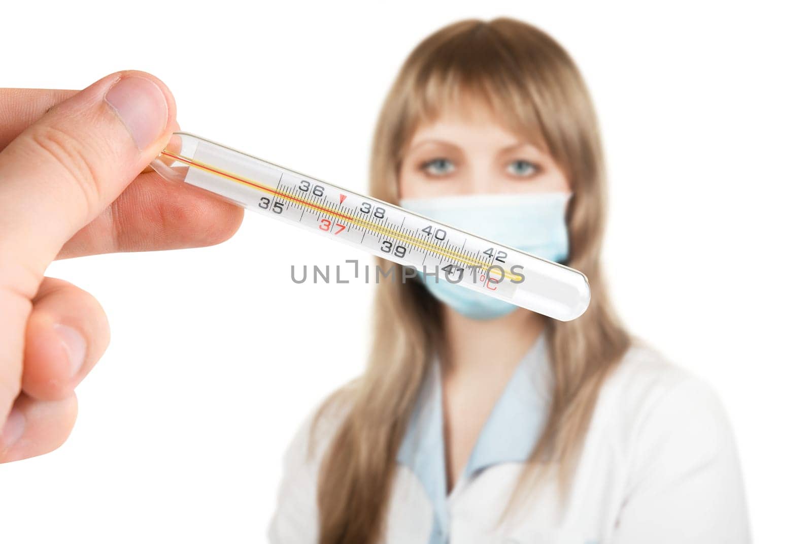 Hand check the temperature on doctor with mask background