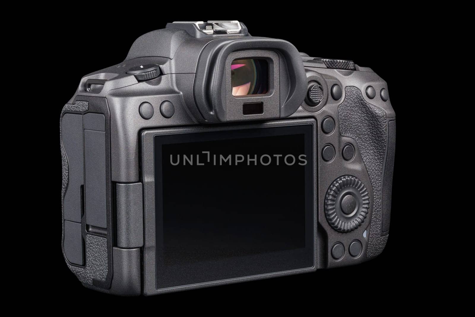 black 2020s professional 35mm full-frame mirrorless camera body with flip screen isolated on black background, rear view