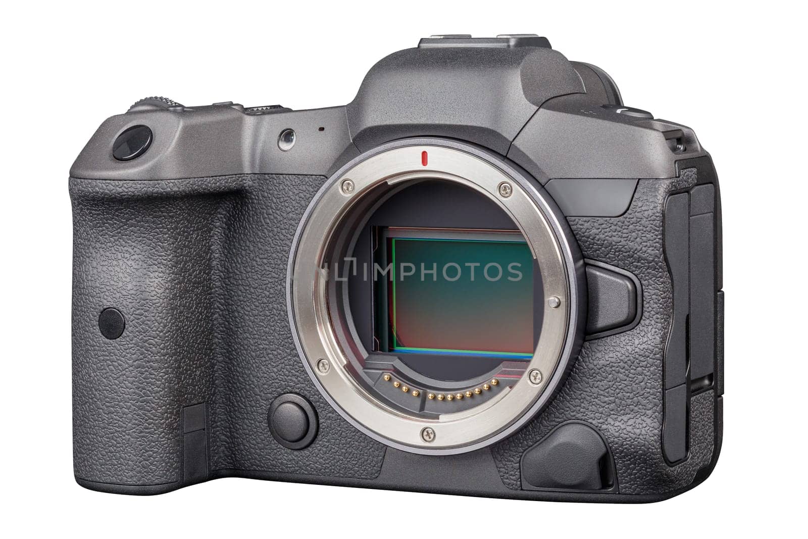 black 2020s professional 35mm full-frame mirrorless camera body with flip screen isolated on white background.