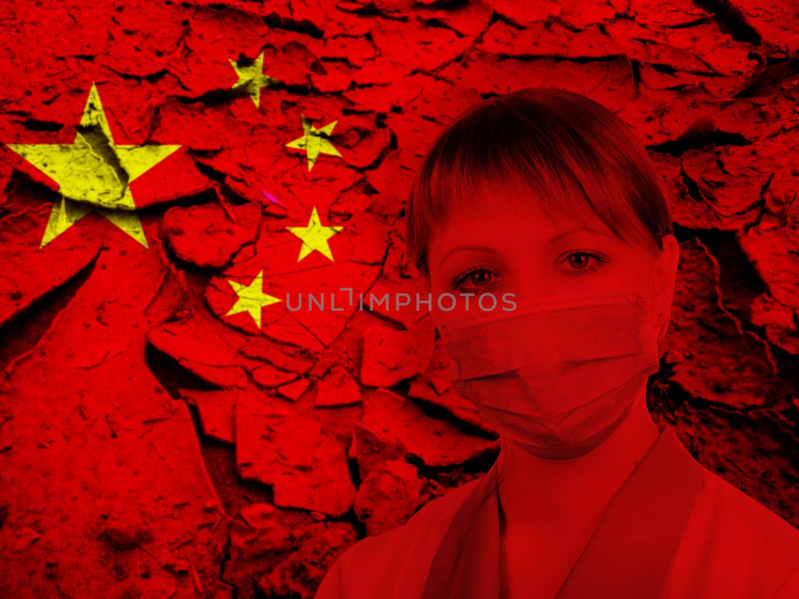 Female doctor with medical mask on China flag background. Concept of corona virus.