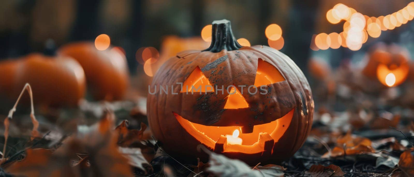 A carved pumpkin shines brightly with a smiling face, surrounded by autumn leaves and softly lit by glowing lights in the background, creating a festive Halloween atmosphere.