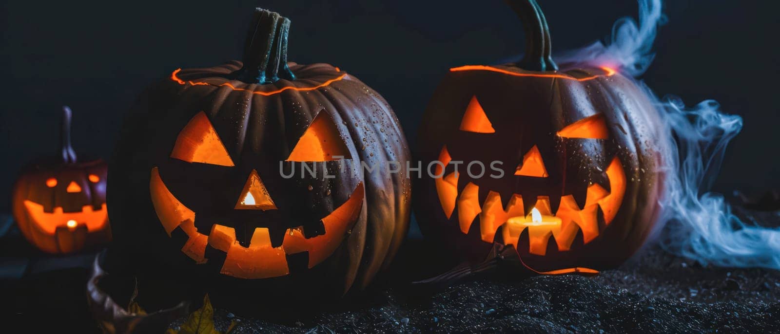Two intricately carved pumpkins emit a warm glow in the darkness, showcasing playful and spooky facial expressions. Smoke swirls around them, enhancing the Halloween atmosphere.