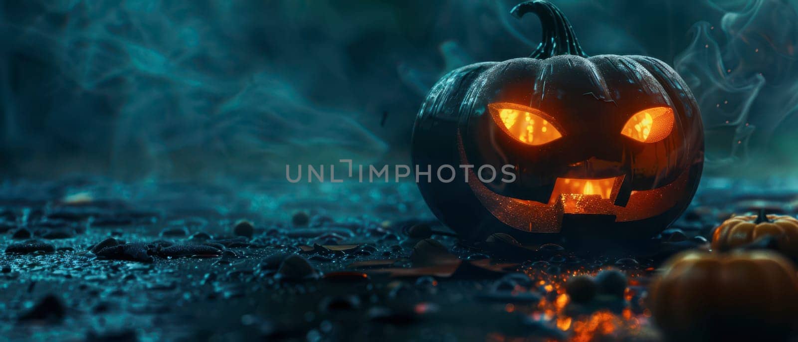 A carved pumpkin with glowing eyes and mouth sits on a wet ground surrounded by smaller pumpkins, creating an eerie atmosphere on a misty Halloween night.