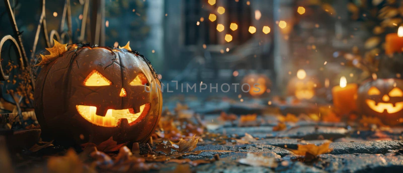 A collection of glowing jack-o'-lanterns rests among colorful autumn leaves in a dimly lit outdoor space, capturing the essence of Halloween festivities during the fall season.