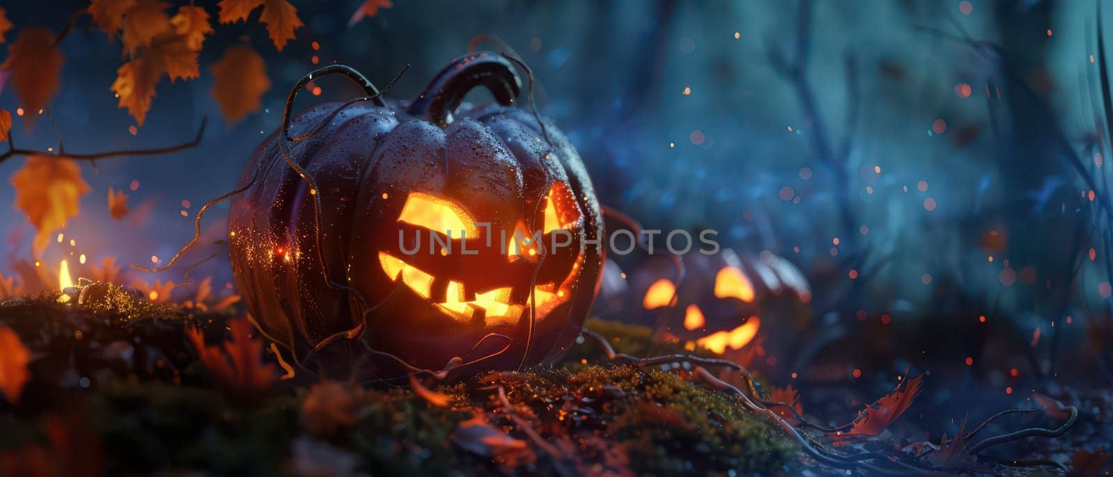 Two carved pumpkins illuminate a misty forest, surrounded by autumn leaves. The eerie glow adds a festive atmosphere to the spooky Halloween setting, highlighting nature's beauty.