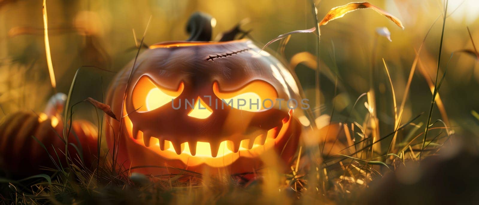 A mischievous jack-o'-lantern shines brightly in a pumpkin patch, its carved face radiating an eerie glow. Tall grasses surround it, enhancing the festive Halloween ambiance at twilight.
